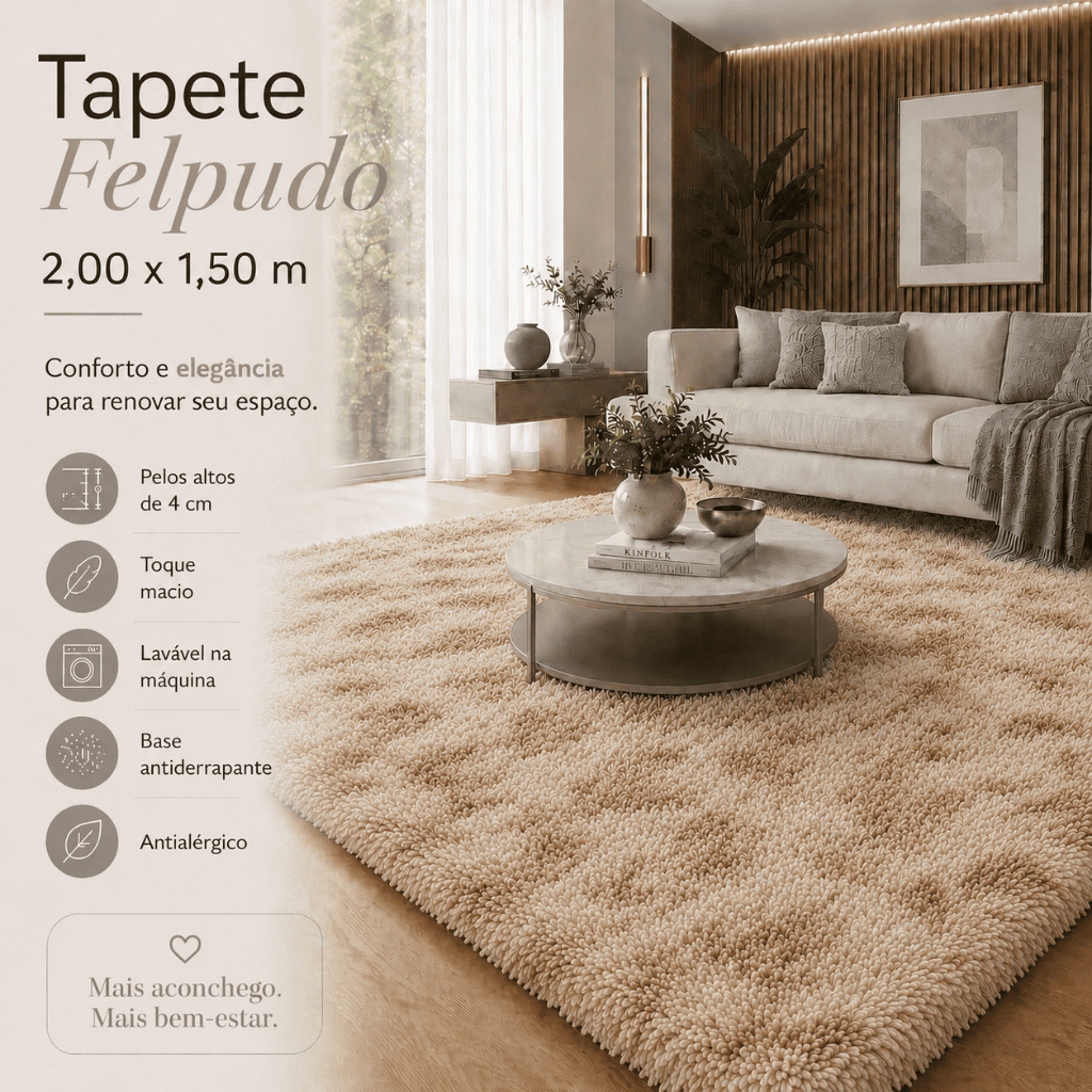 Tapete Shaggy Felpudo 1,50x2,00 Pelo Alto 4cm Antiderrapante Lavável Para Sala E