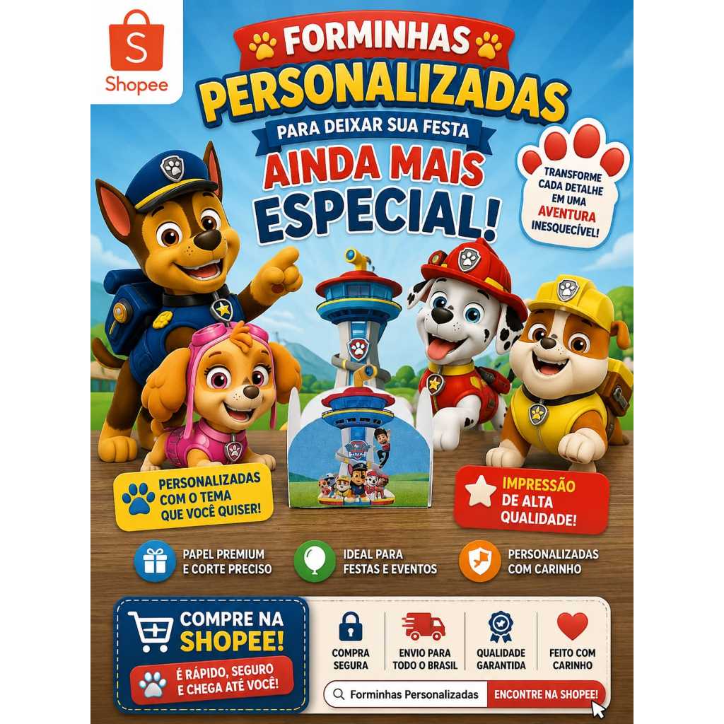Forminhas Formas Patrulha Canina kit 50 unidades  personalizadas para festa Doce brigadeiro