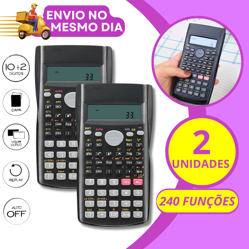 KIT 1/2 Calculadora Cientifica com Capa Protetora  240 Funções A Pilha Financeira Matemática Escolar Faculdade Trabalho