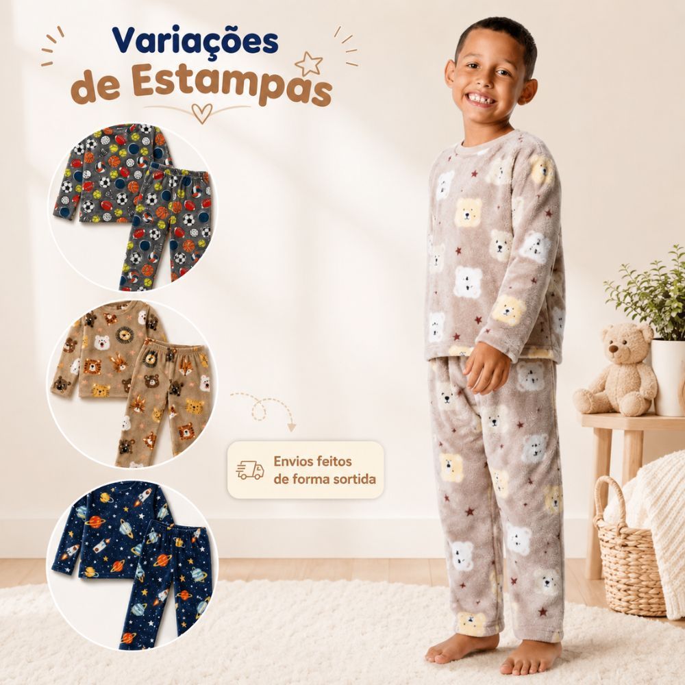 Pijama Infantil Inverno Fleece Quentinho Conjunto Menina Menino Roupa de Dormir Sortido Térmico Macio Confortável