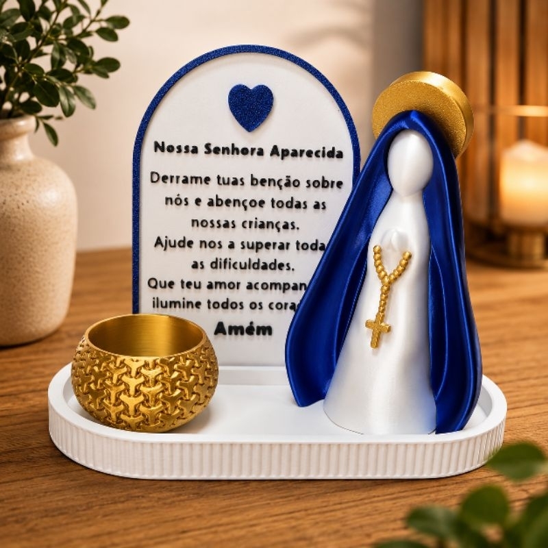 Kit Nossa Senhora Aparecida Porta Terço Decorativo Católico Bandeja com Oração Presente Fé