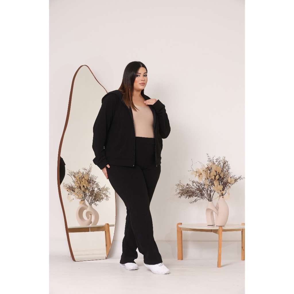 Conjunto Moletom Feminino Plus Size Calça Jaqueta com Touca e Bolso Bucle Flanelado Peluciado Inverno Casual Confortavel