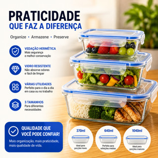 Conjunto 3 Potes Herméticos Vidro Marmita Alta Vedação Resistente Retangular 1040ML 640ML 370ML