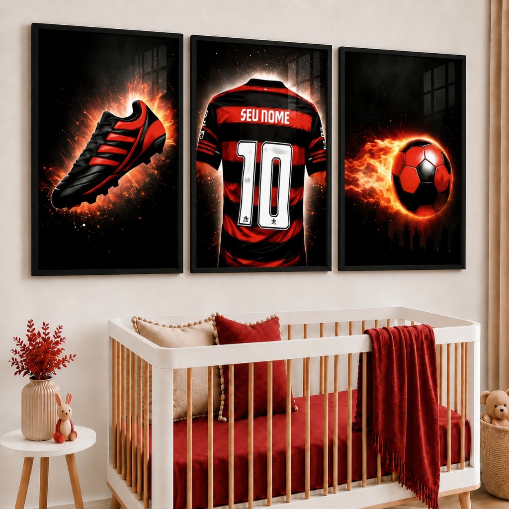 Quadro Decorativo Times Brasileiros Infantil Futebol 3 Peças Personalizado Nome Camisa 10 Chuteira Bola Preta luxo