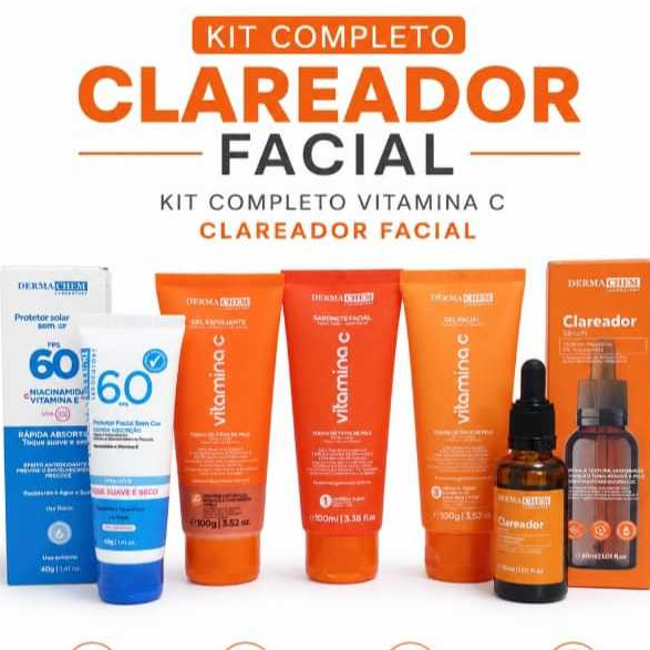 Kit Skincare Anti Idade Vitamina C Dermachem Sérum Clareador Sabonete Esfoliante Hidratante Protetor Solar