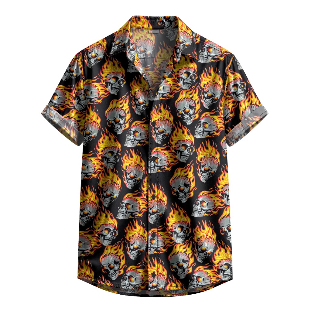 Camisa De Botão Caveira Flamejante Caveiras E Fogo Estampa Full Estilo Rock [Ref-338]
