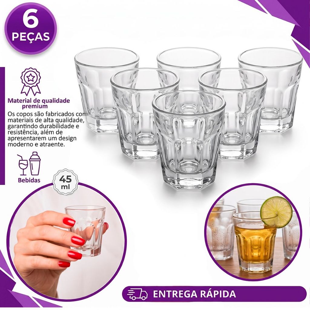 conjunto jogo 6 mini copo 45ml dose Tequila cachaça gin Vidro trabalhado Resistente bar hotel
