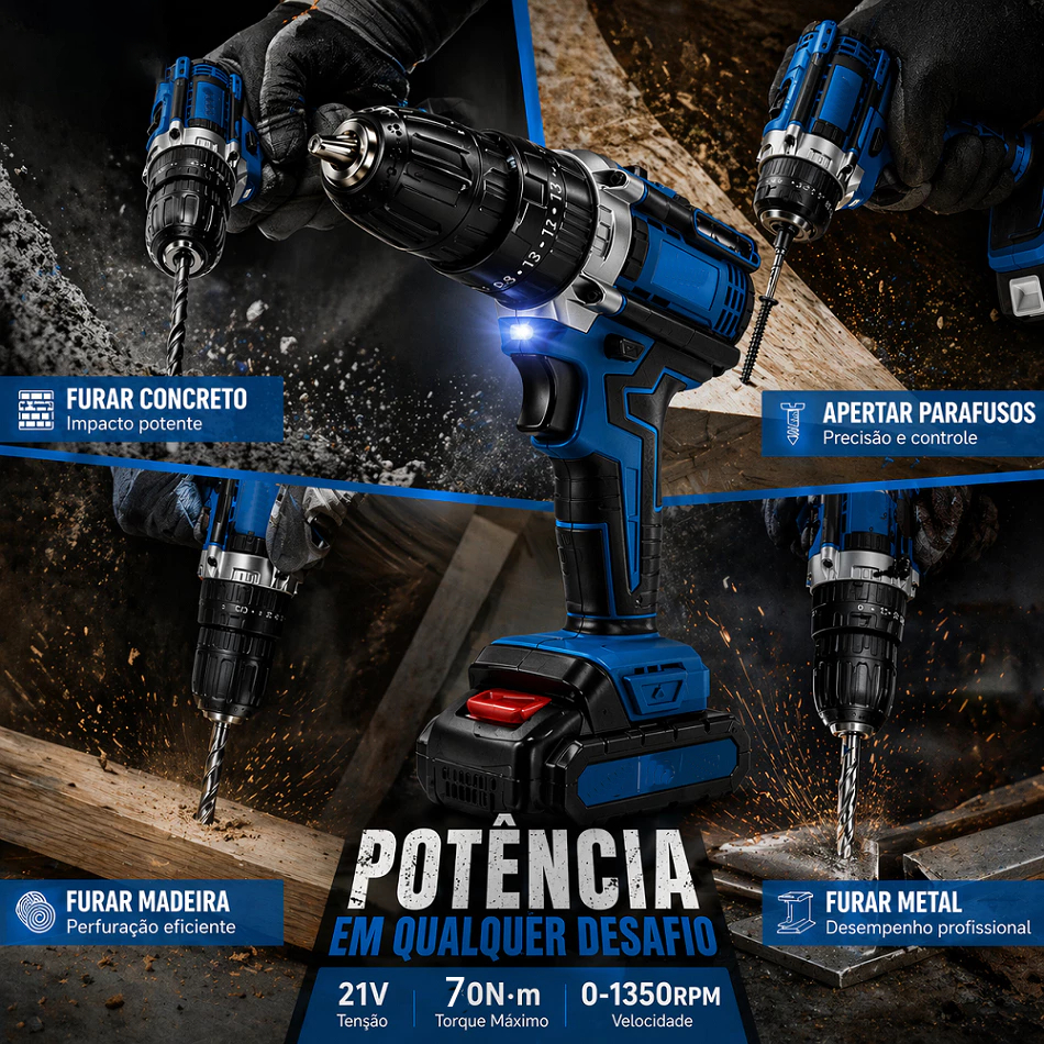 Parafusadeira Furadeira Brushless 21V 70N.m, 2 Baterias, Maleta Completa, Furadeira Elétrica Profissional — imagem 2 de 2