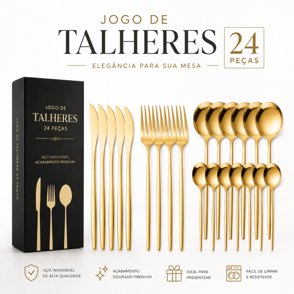 Kit 24 Jogo De Talheres Inoxidável 416 Suprimentos Cozinha Talheres Dourados Talheres