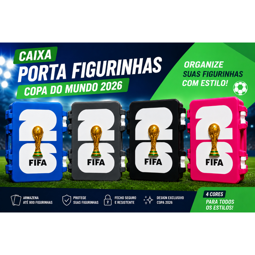 Caixa Porta Figurinhas Copa do Mundo 2026 Azul, Preta, Cinza, Verde, Dourado e Rosa