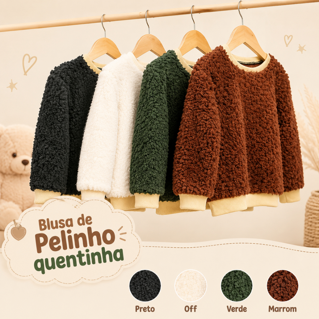 Blusa Infantil Sherpa Pelinho Quentinha | Casaco Teddy Infantil Inverno | Cores Preto Off Verde Marrom | Tam G 1 2 4