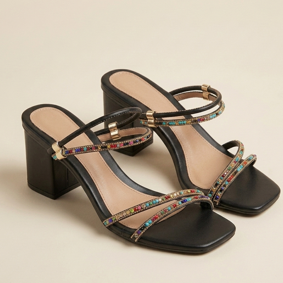 Sandália Tamanco Feminino Salto Bloco com Strass Colorido Sandália Bico Quadrado Elegante Festa Confortável
