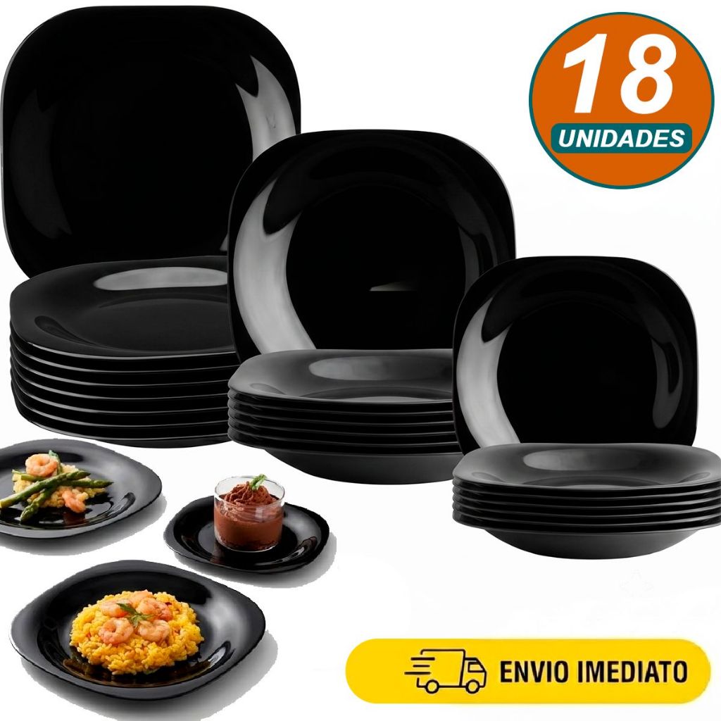Kit Jogo de 18 Pratos Quadrados Pretos de Vidro Opaline Sendo 06 Pratos Raso 06 Fundo 06 Sobremesa
