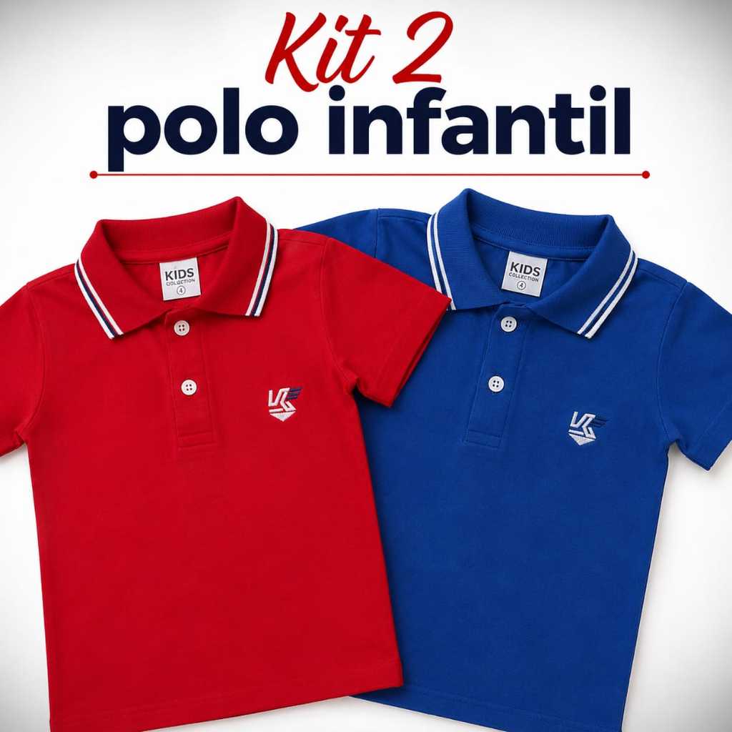 Kit  2 Camiseta Gola Polo de Menino Criança 100% Algodão Premium Colorida Infantil Juvenil