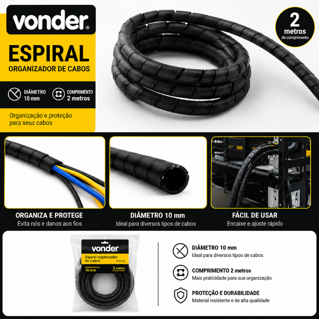 Espiral Organizador Cabos Fios 10mm Preto 2 Metros Vonder - Organiza Escritório TV PC