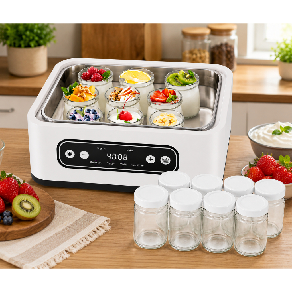 Máquina de Fazer Iogurte Elétrica 1,6L 9 Potes de Vidro Timer Ajustável Iogurteira Automática