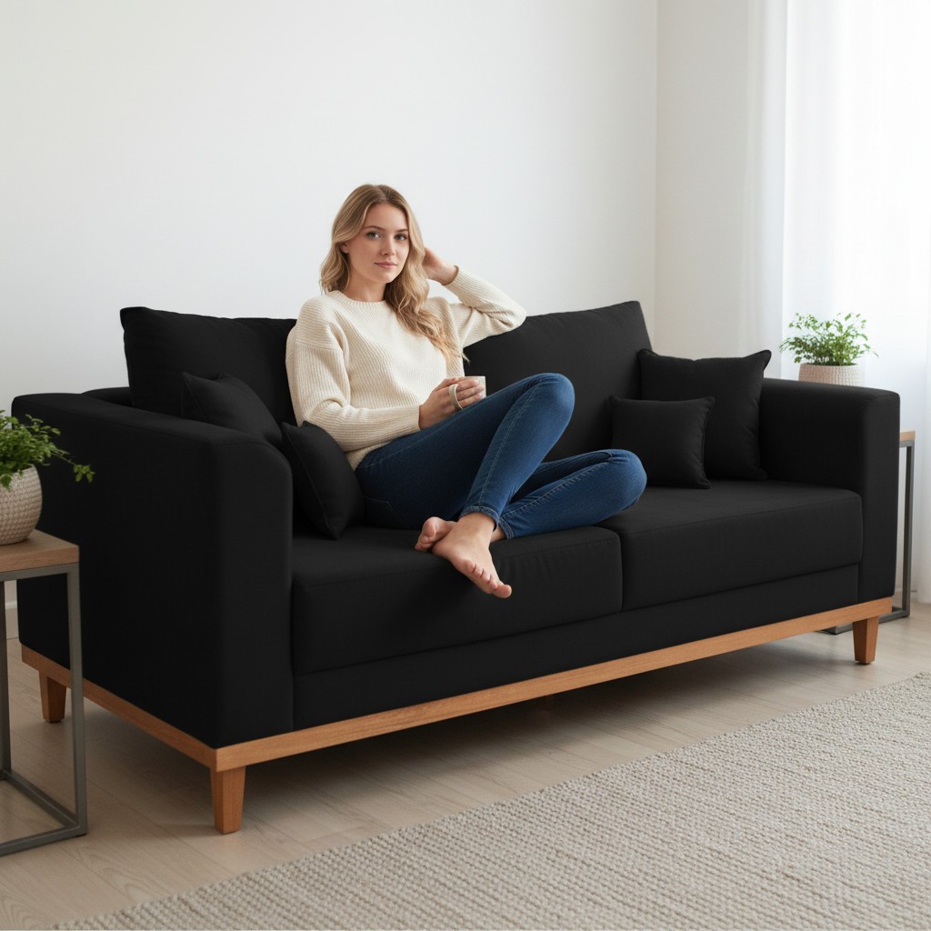 Sofá 3 Lugares Retro Sala de Estar Beny Suede Preto Madeira Estofados