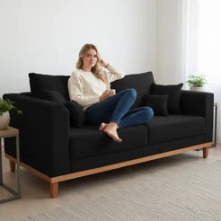 Sofá 3 Lugares Retro Sala de Estar Beny Suede Preto Madeira Estofados