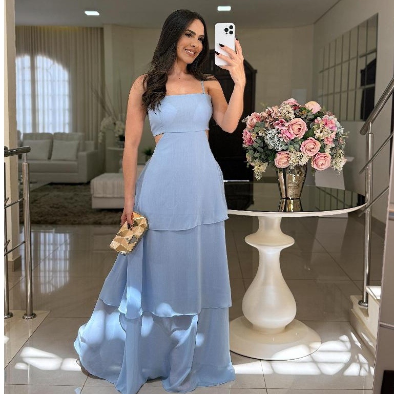 vestido longo feminino alça reguladora para formatura casamento no tecido chiffon youyo com bojo e forrado