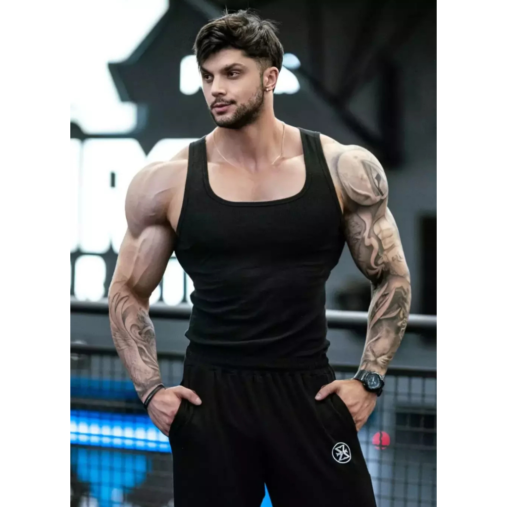 Regata Masculina Americana Cbum Malha Canelada Premium para treino, academia, musculação fitness - Preto