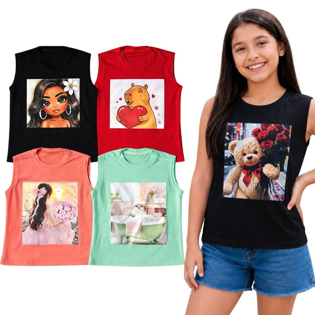 Kit 3 Blusas Regatas Menina Infantil Camisetas Viscolycra Com aplicações Digital Envio Imediato