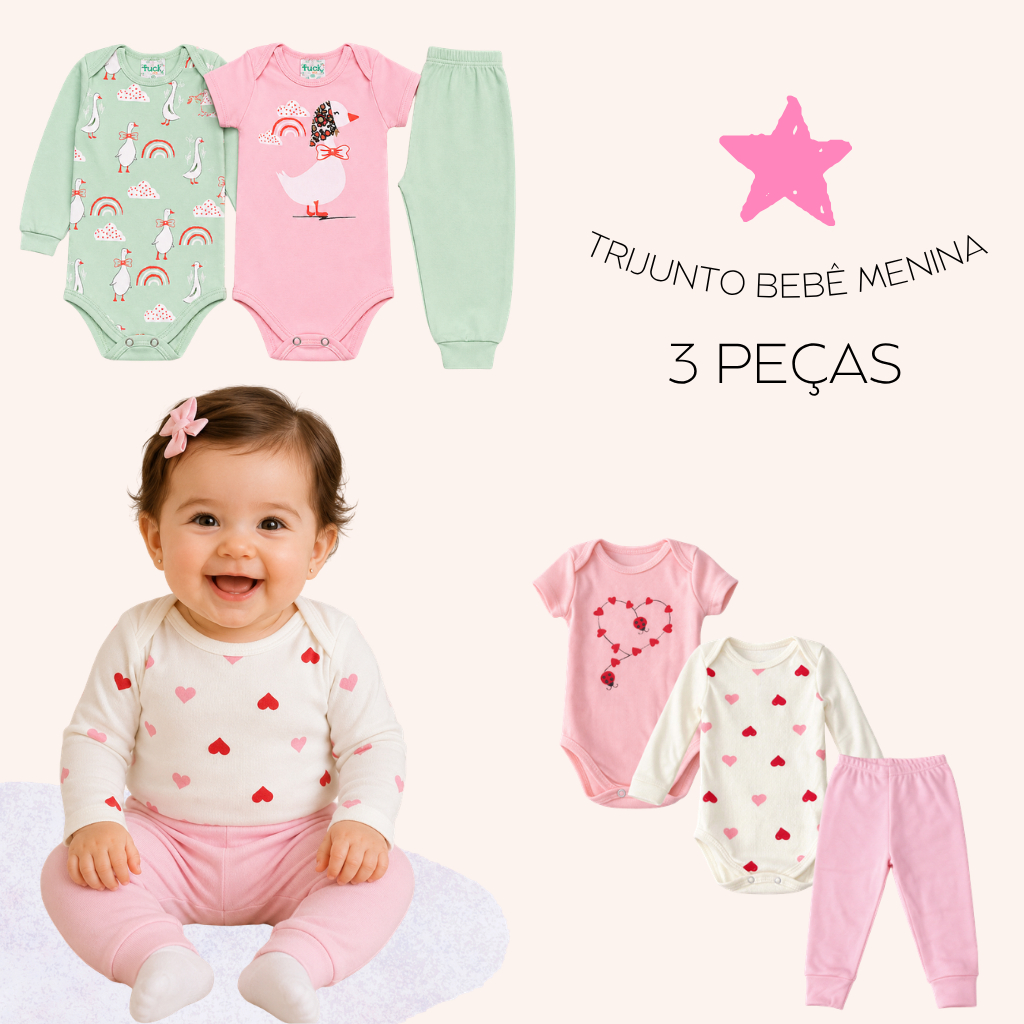 Kit 3 Peças Bory Bebê Menina Manga Longa Calça Mijão Manga Longa Roupa Menina