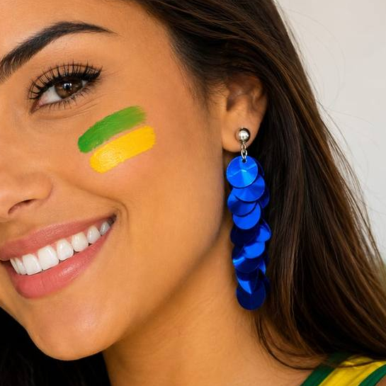 Brincos Brasil Feminino Copa do Mundo Argolas Verde Amarelo Azul Cascata Bandeira Brinco Botão