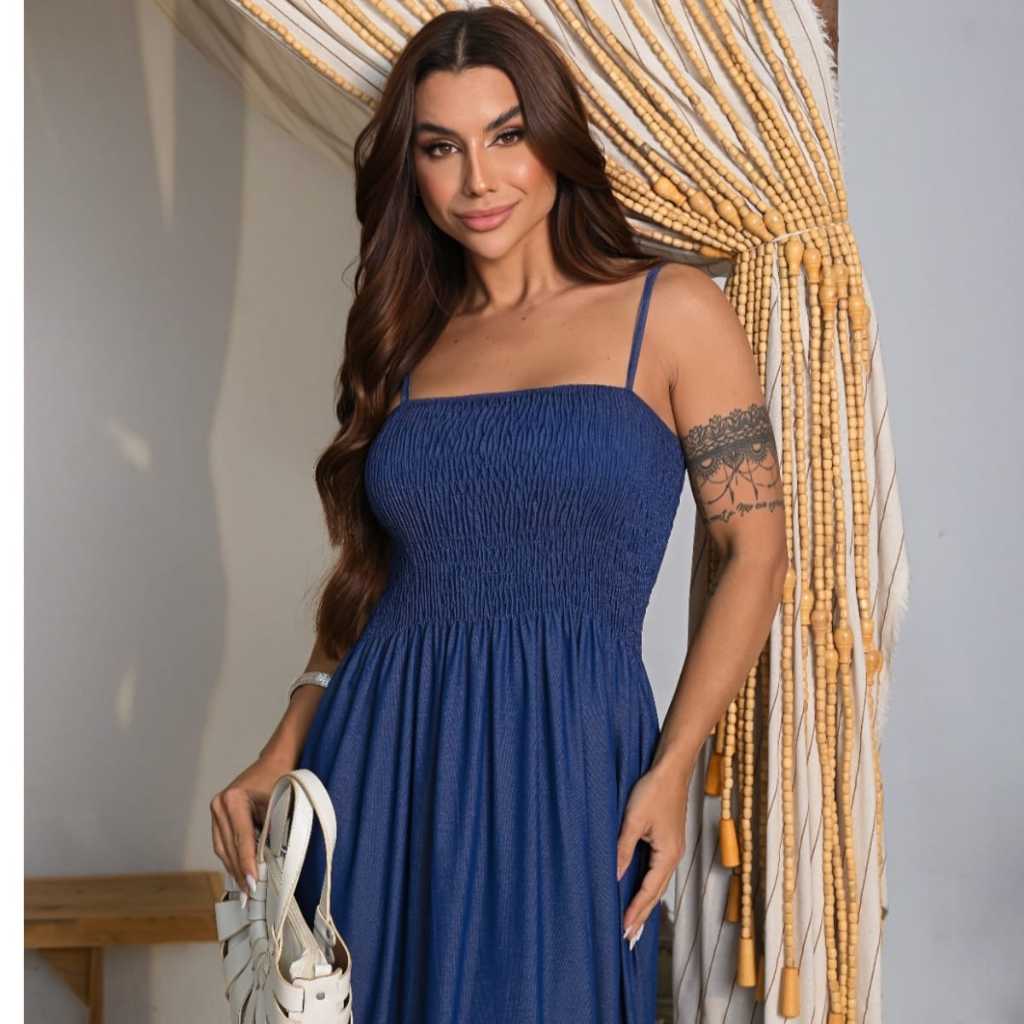 Vestido Feminino Longo Alcinha Confortável Moda Gestante Elegante Casual Soltinho Prático Básico Leve