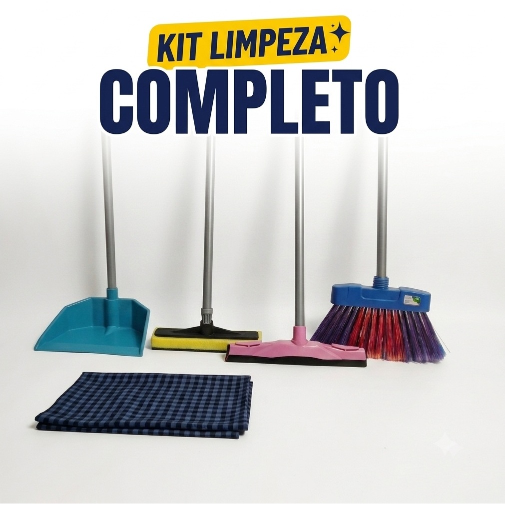 Kit Limpeza Completo 4 Peças Vassoura + Rodo + Pá + Lava Azulejo e Pano de chão de prinde - Envio Rápido