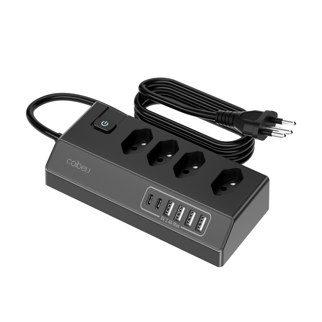 Canto Régua Filtro de Linha com 4 Tomadas Extensão Elétrica 4 USB 2 TIPE-C Bivolt 10A Cabo de 2 Metros