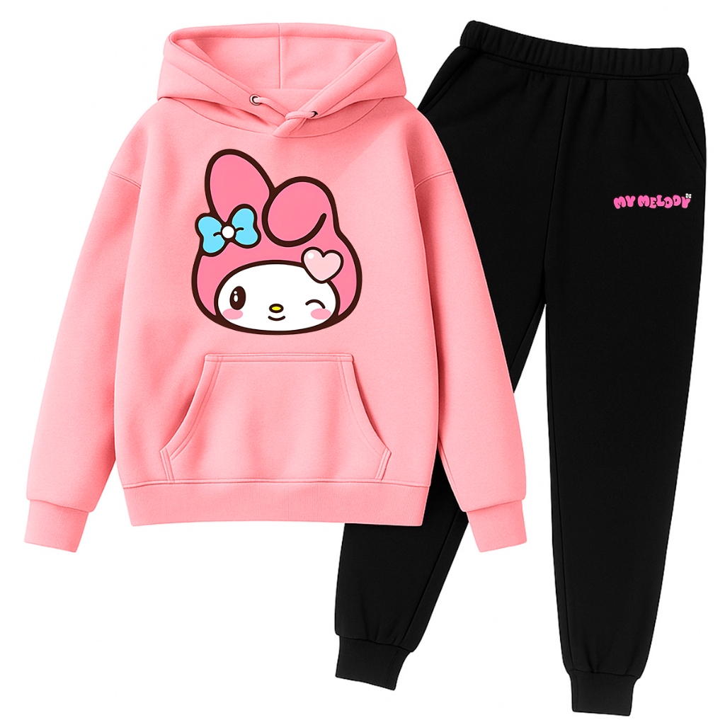 Conjunto Moletom Infantil Kawaii Estampa Coelhinha Delicada Laço Vermelho