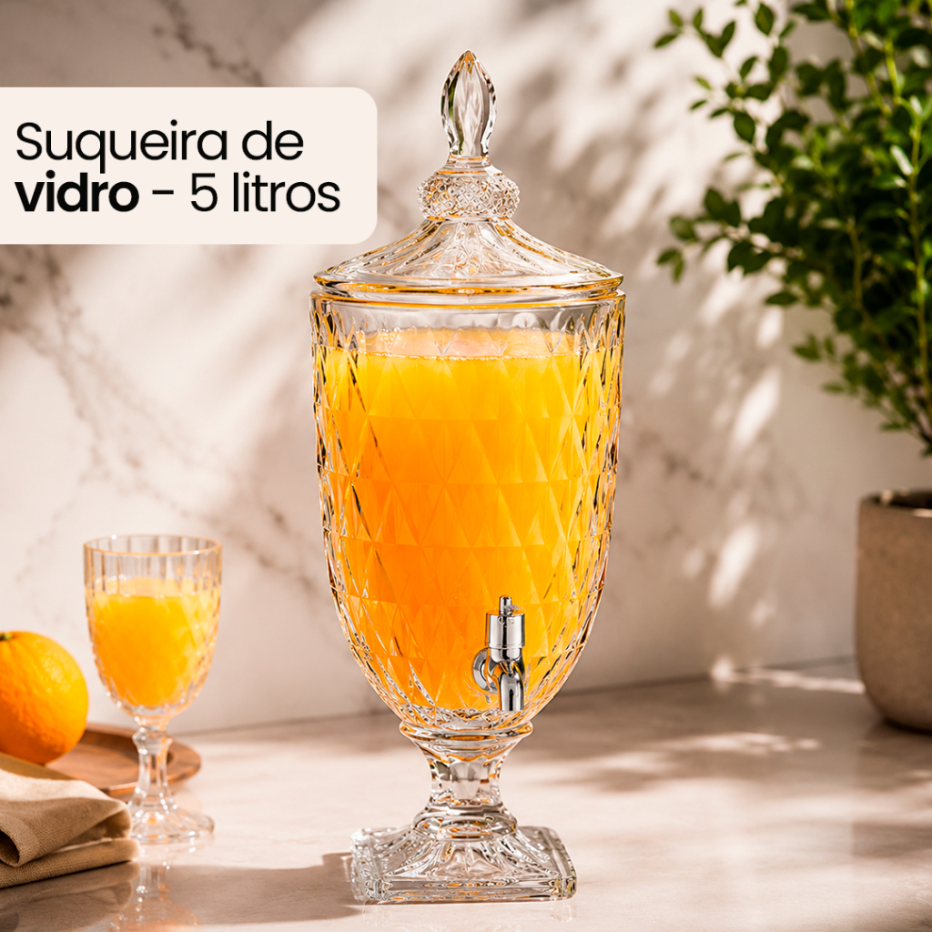 Suqueira de Vidro 5 Litros Jarra De Vidro Cristal Diamante Suporte e Torneira Tampa Água Saborizada