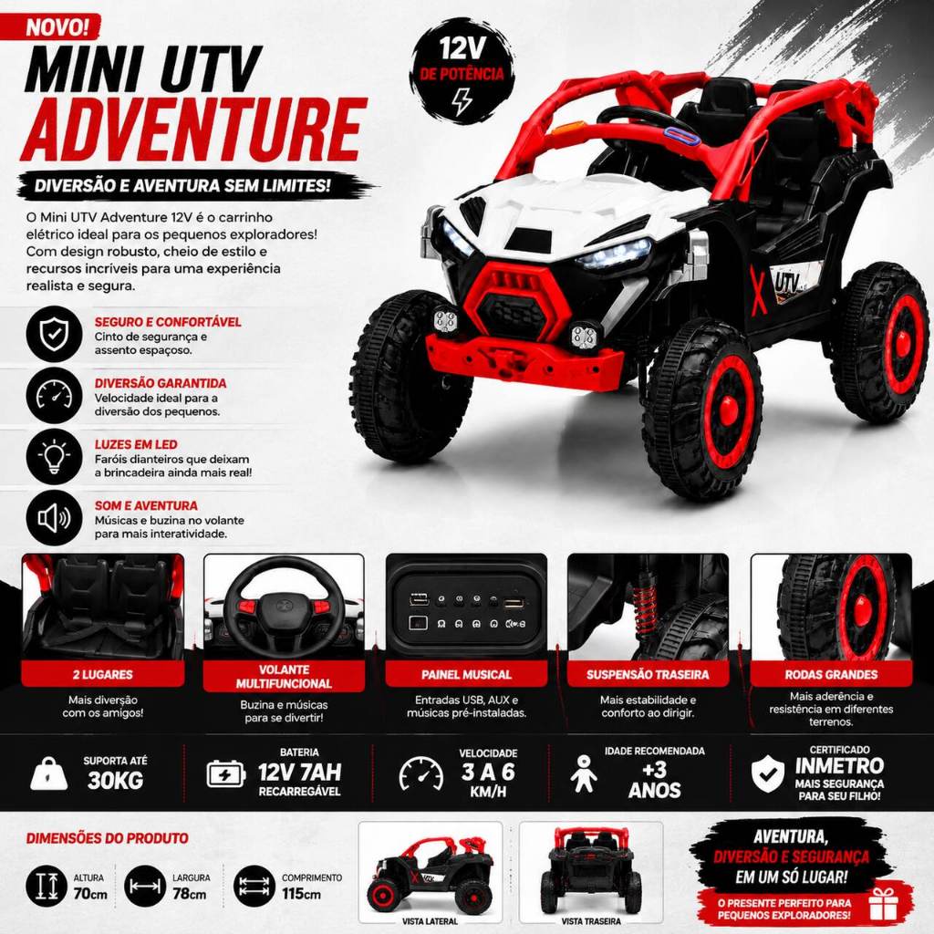 Quadriciclo JIPÃO Elétrico Adventure Infantil UTV C/ Controle Remoto Luz de LED e Som  2 Lugares