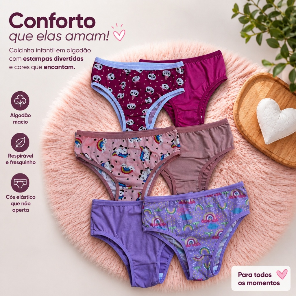 Kit 10 Calcinha Infantil Menina Moça Forro em Algodão Poliéster Estampada Cores Sortidas Tecido Respirável