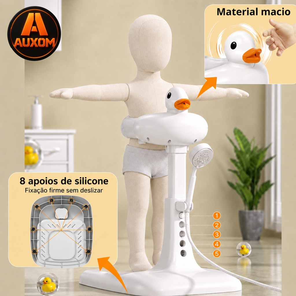 Suporte de Banho para Bebê em Pé Ajustável Antiderrapante com Banquinho Infantil - AUXOM