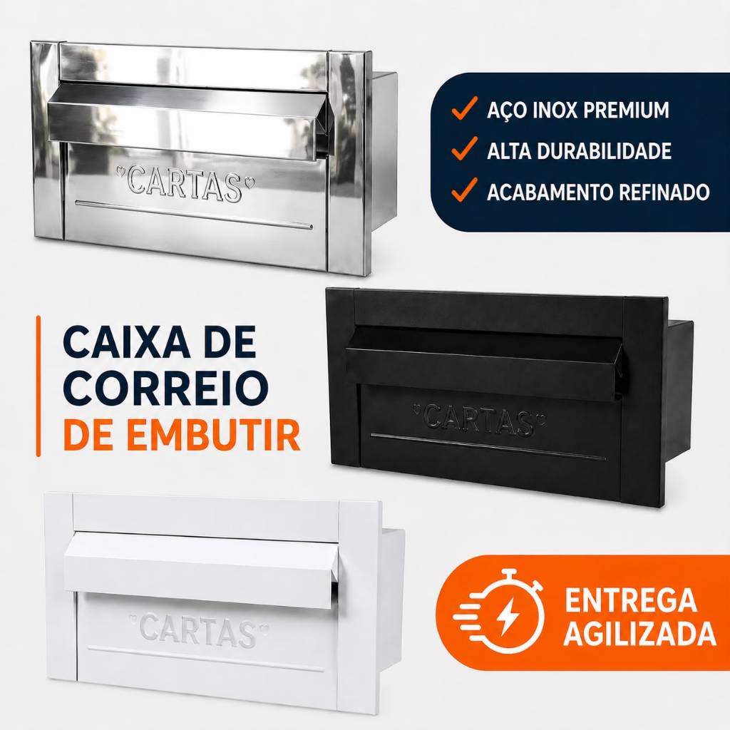 Caixa Correio Carta - Inox com Aba - Para Muro Parede de Embutir - 14cm Profundidade
