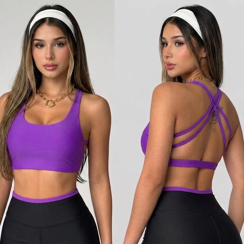 Top Fitness Feminino Costa Cruzada Nua  Alças Reforçadas Academia Premium Zero Transparência — imagem 1