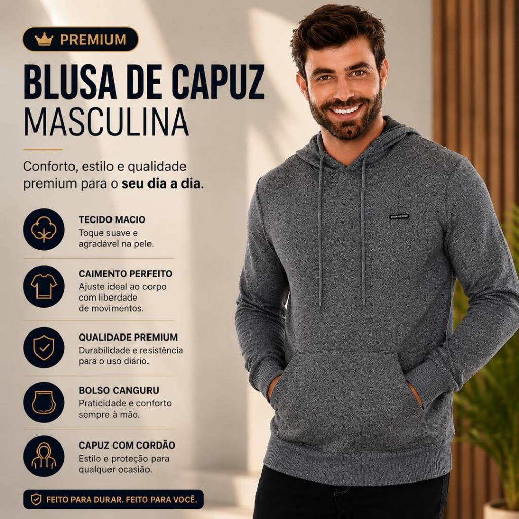 Blusa moletom Masculina Capuz Com Cordão Tecido Macio Premium