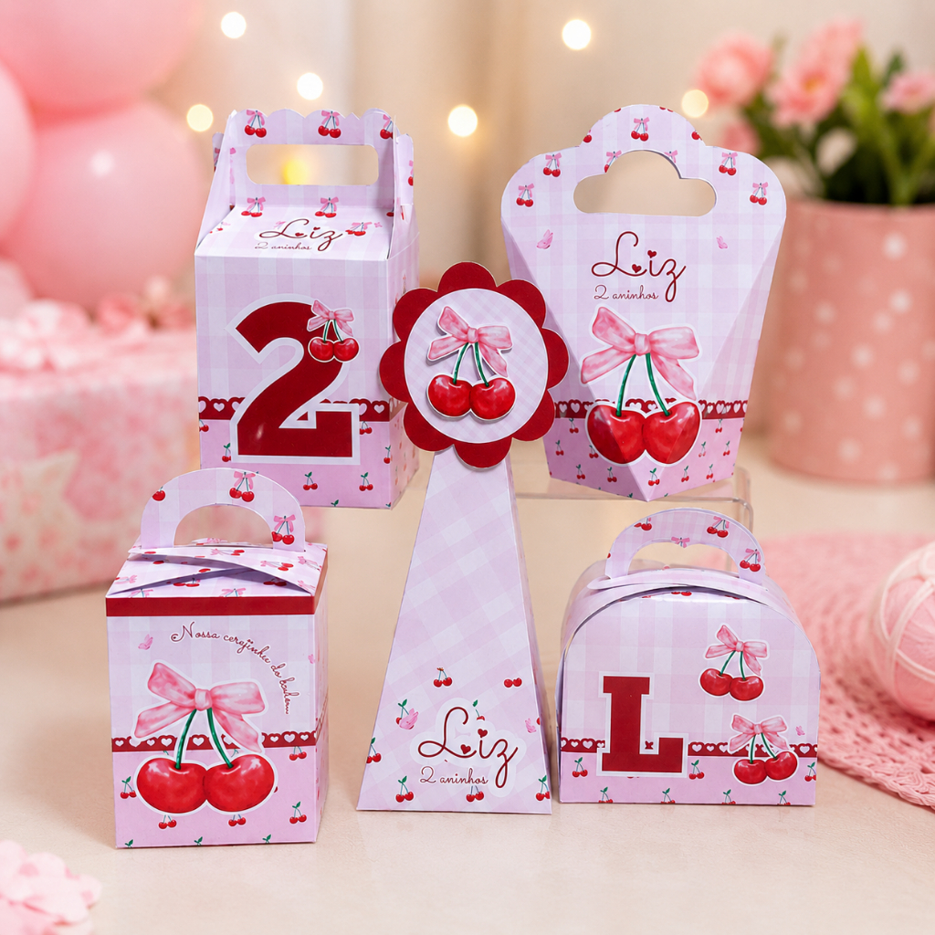 Personalizados Cereja Cerejinha (PEGUE E MONTE) kit caixinhas mimos lembrancinhas festa infantil