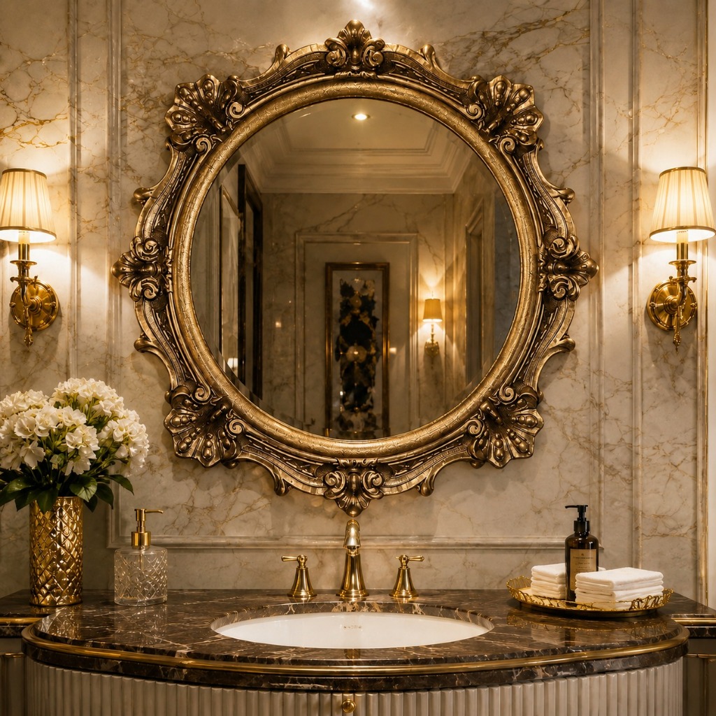Espelho Dourado Redondo Luxo Decorativo P/ Casa Lavabo Sala Quarto