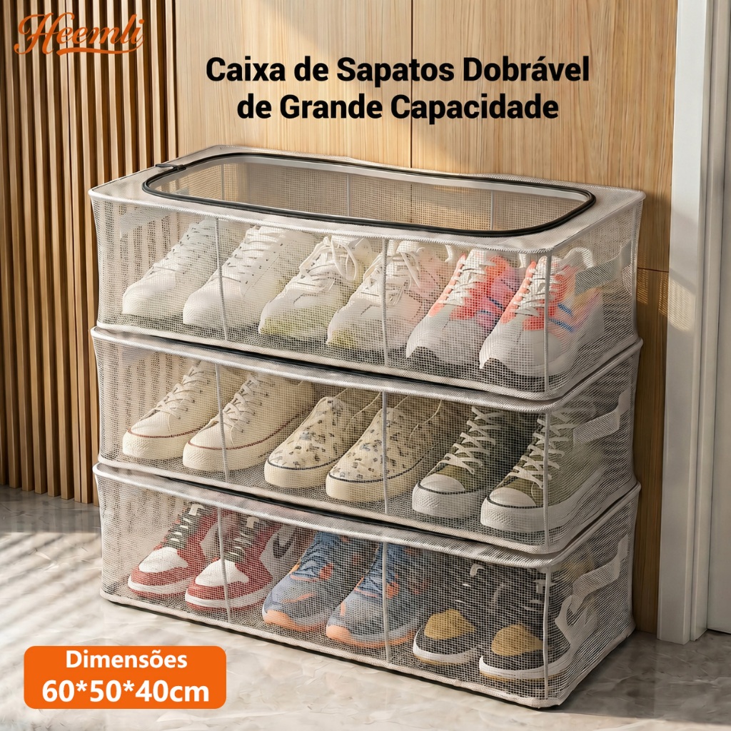 Heemli Organizador de Sapatos Transparente Dobrável Empilhável com Zíper, Caixa Organizadora Multifuncional