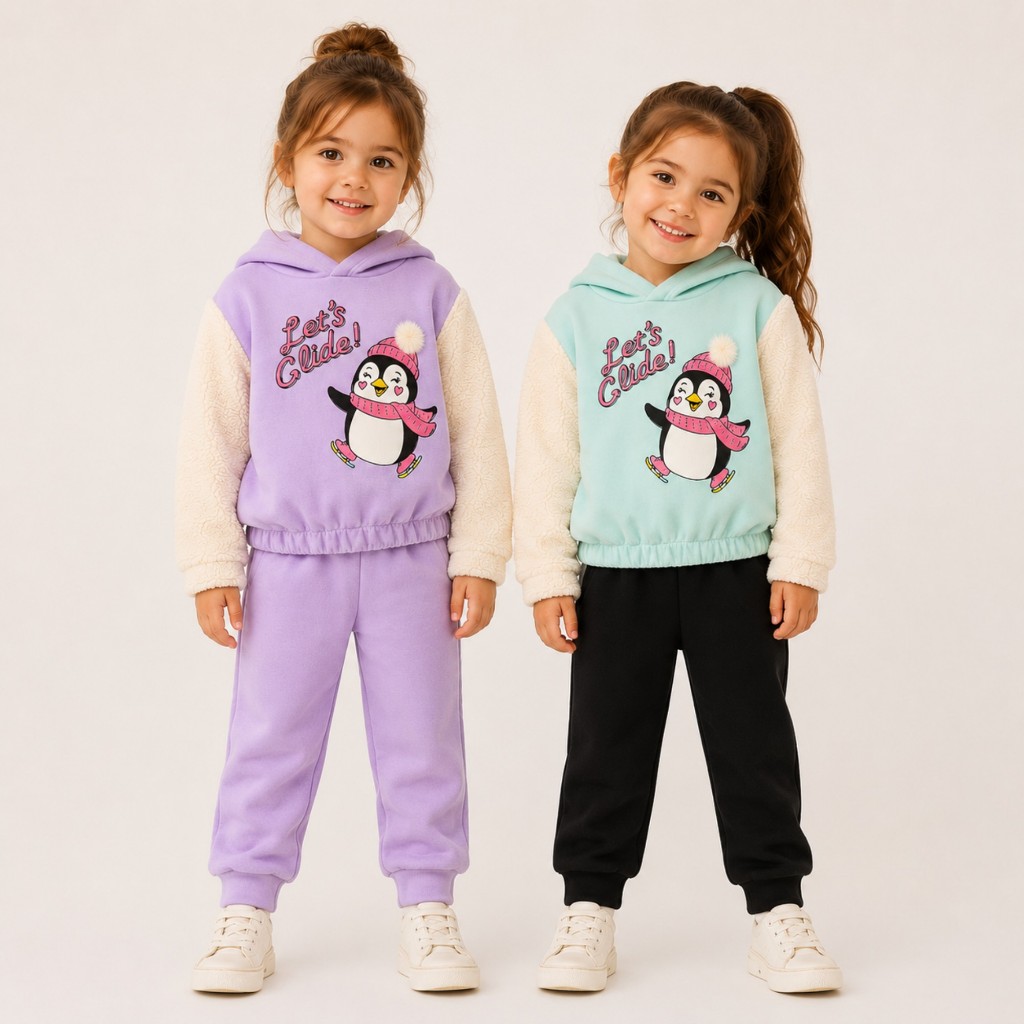 Conjunto Infantil Menina Pinguim Peluciado com Capuz Inverno Quentinho Tamanhos 1 ao 3 Anos