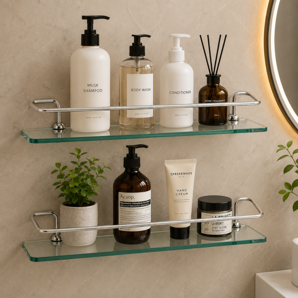 Kit 2 Prateleira Reto De Vidro Porta Shampoo Objetos Organizador para Banheiro Cozinha e Lavanderia
