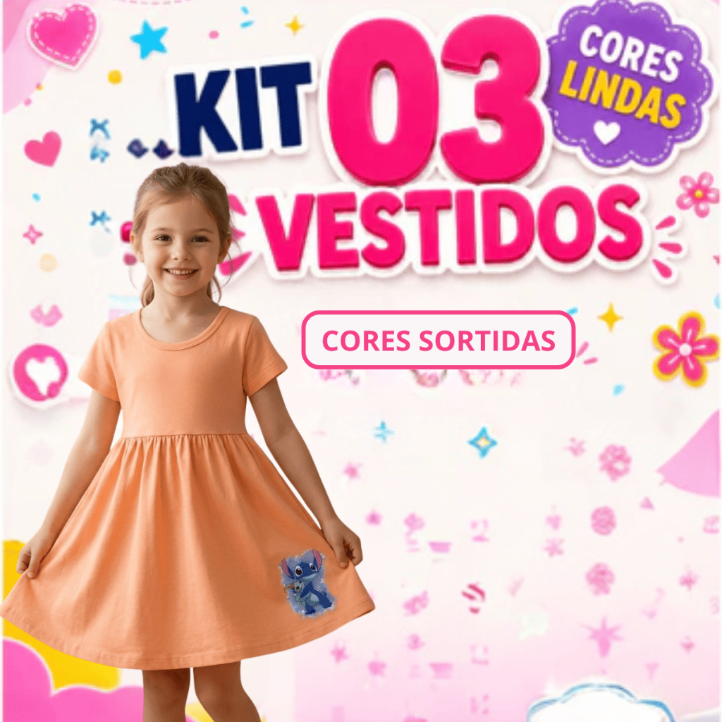 Kit 3 Peças Vestido Infantil De Cotton Estampado Sortido Algodão Confortável Meninas Infantil