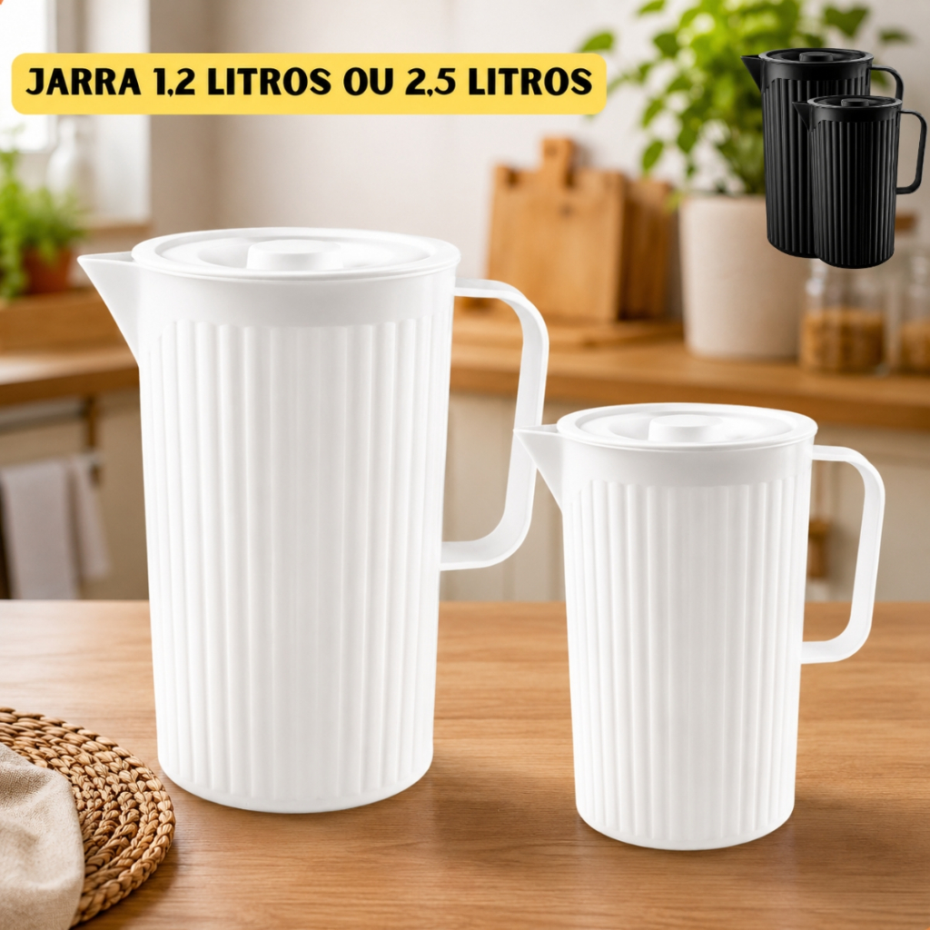 Jarra Plástica 2,5L e 1,2L Branca ou Preto Tampa Design Canelado para Suco e Água Usual Utilidades