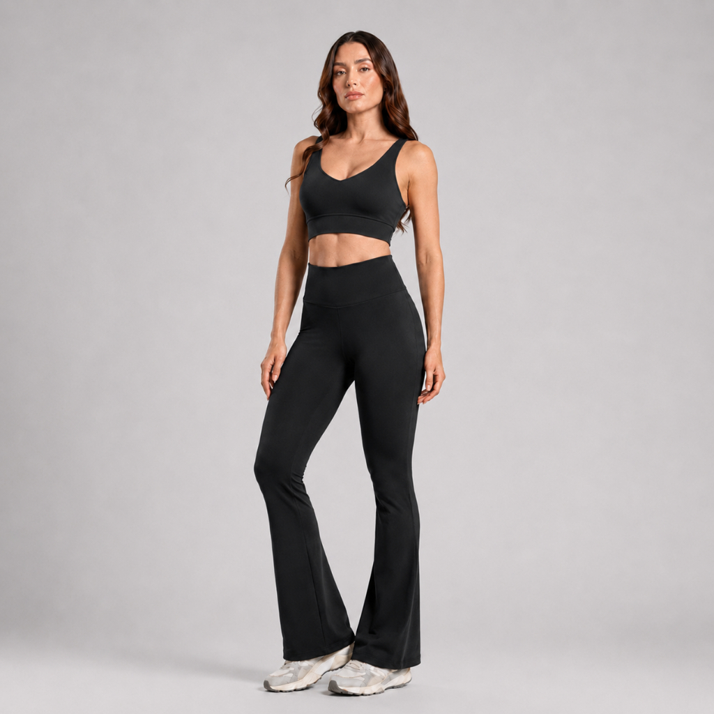 Conjunto Calça Flare Bailarina + Top Decote V Com Zero Transparencia Fitness Academia e Uso Diario