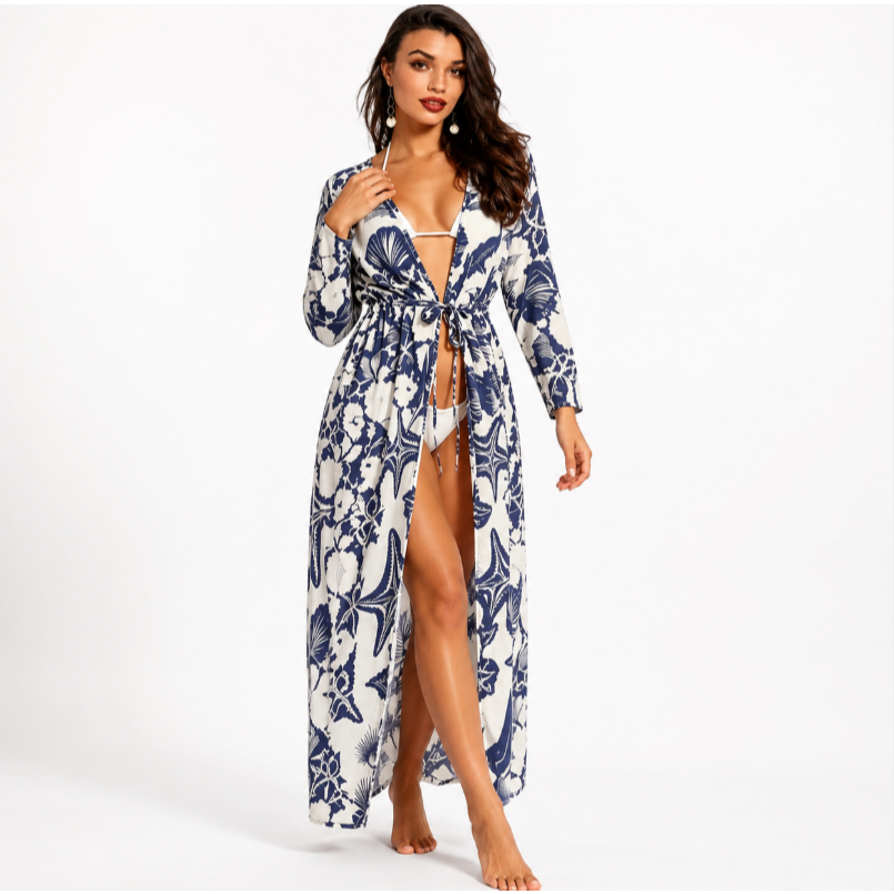Saída de Praia Feminina Kimono Longo Estampa Estrela do Mar em Voal Leve Moda Praia Verão Canga