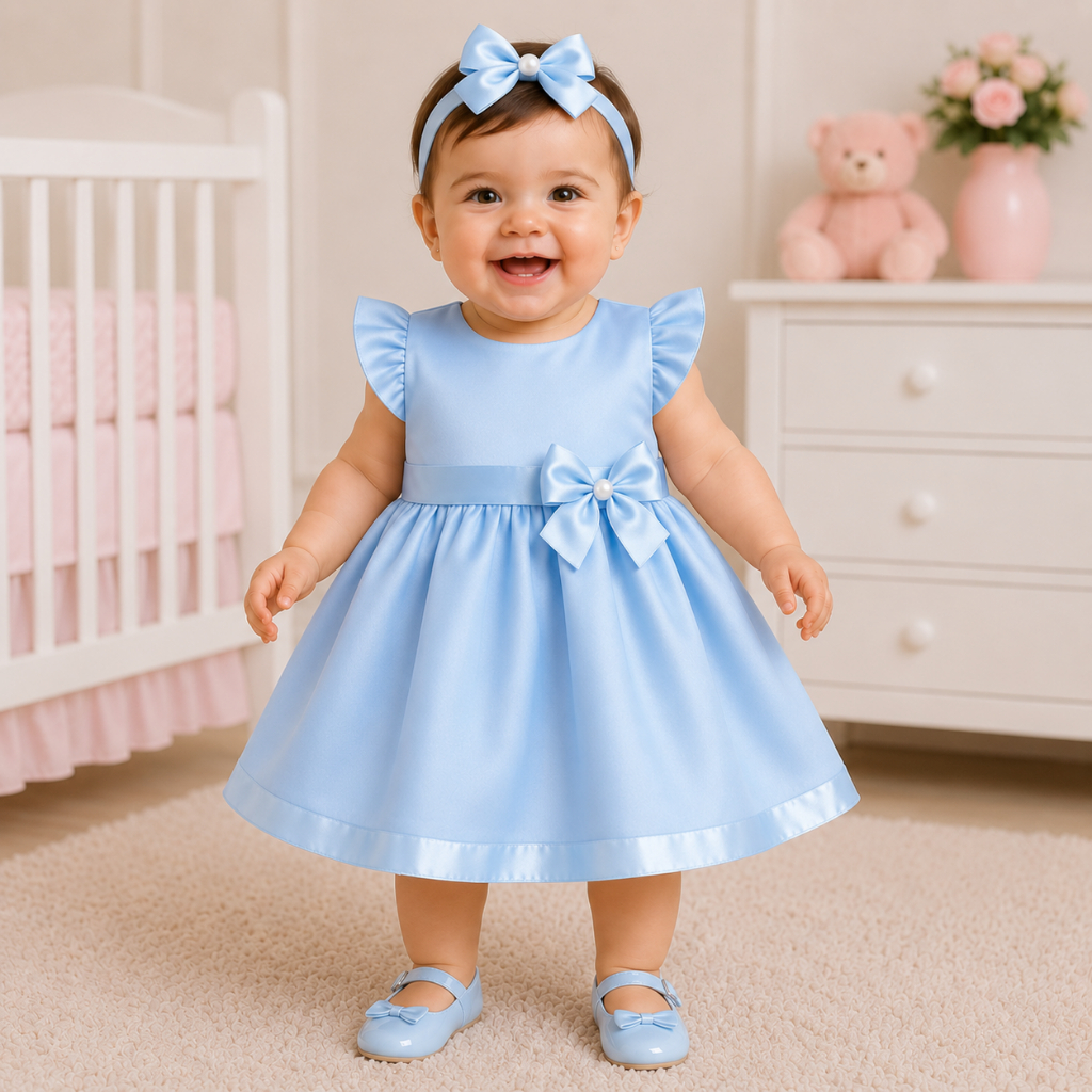 Vestido Menina Bebê Luxo | Vestido Princesa Azul Bebe Com Voil E Tiara - Moda Infantil P aos 3 anos