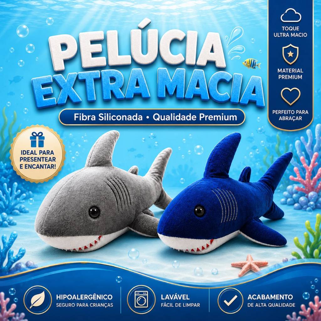 Tubarão de Pelúcia Azul 40cm Extra Soft Antialérgico Infantil Fundo do Mar Bicho Decoração Presente Aquário