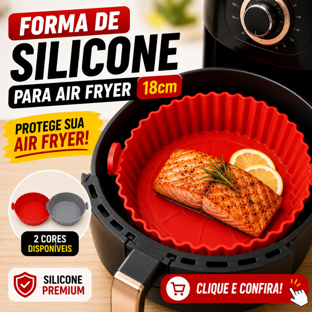 Forma de Silicone para Air Fryer 18cm Reutilizável Antiaderente Lava Fácil com Alças